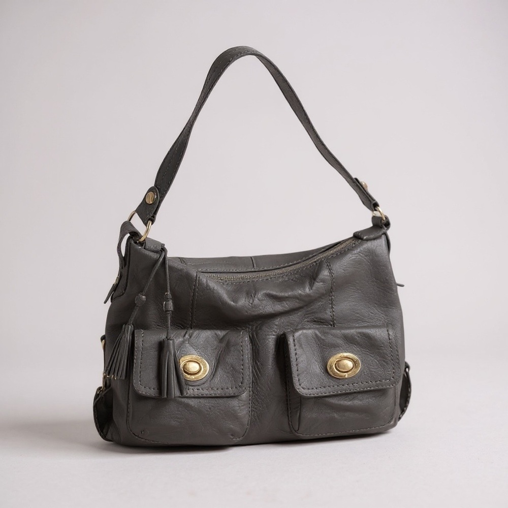 The Sak Leather Pockets Hobo Shoulder Bag Metallic Handbag Pewter Zipper Tote